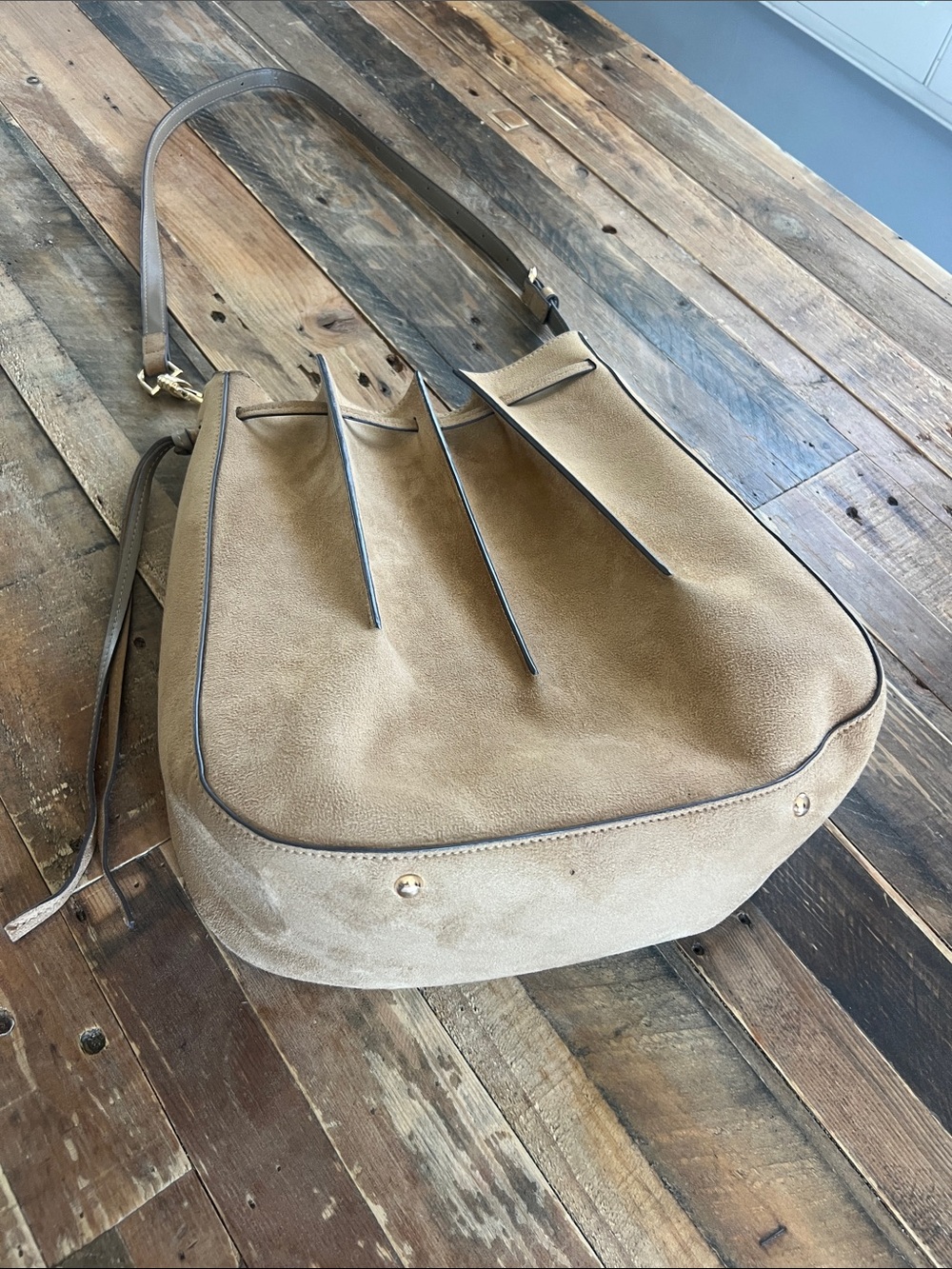 H&M Suede Shoulder Bag in Taupe Brown with Gold Hardware